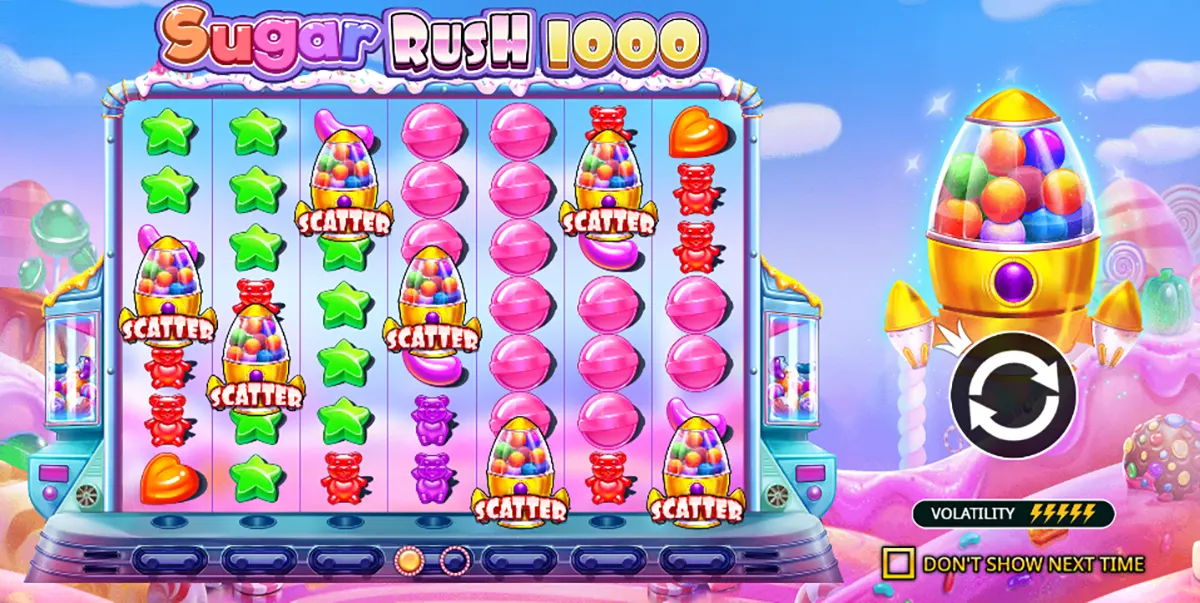 Sugar Rush 1000 slot game screen with a pastel candy-themed reel grid full of gummy bears, star and heart sweets, and multiple “Scatter” gumball machine symbols, plus a large candy rocket graphic on the right against a dreamy pink-and-blue background.
